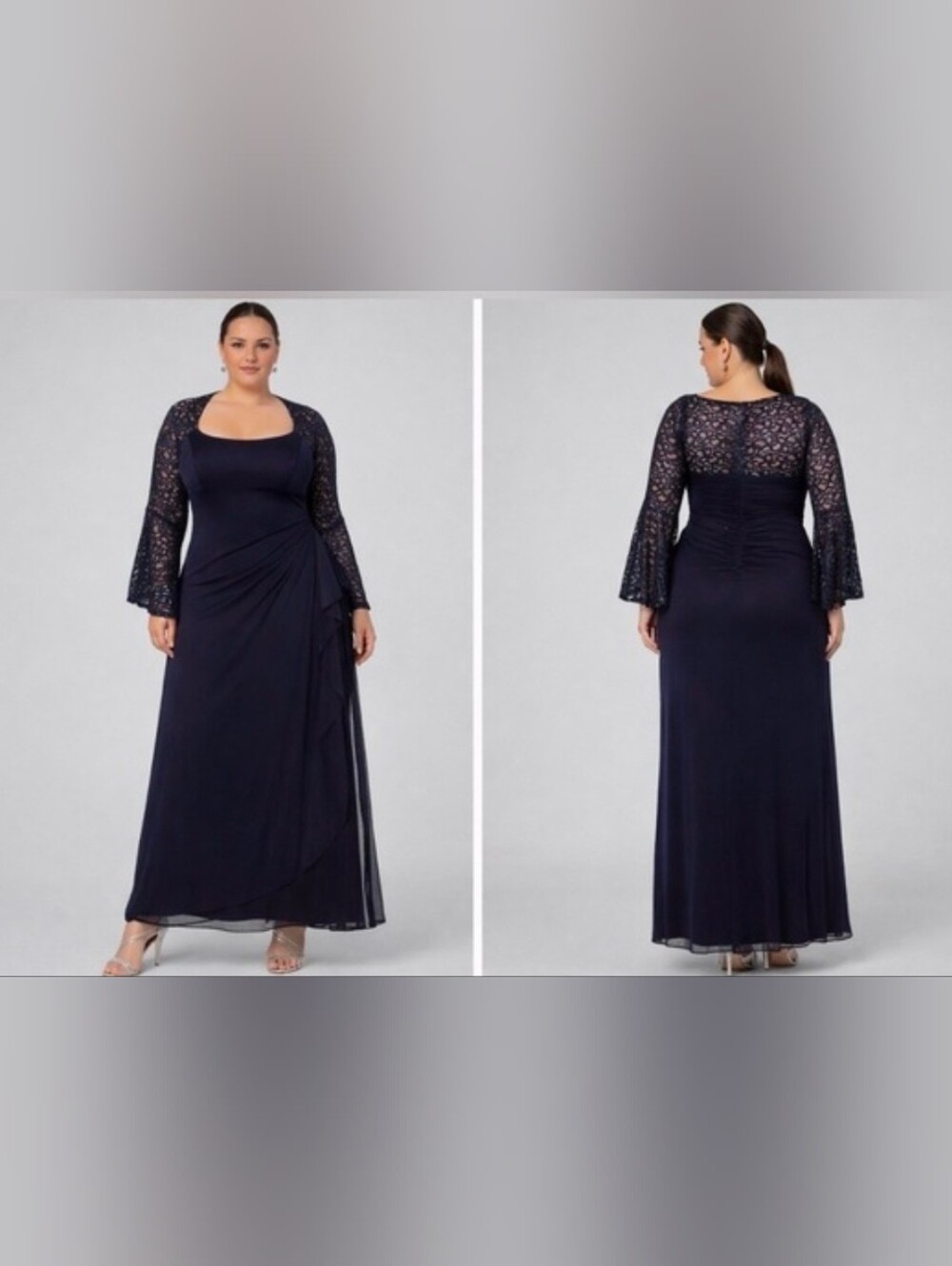NWOT Xscape Navy Scoop Neck, Lace Bell Sleeve, Dress/Gown Size 16 - Picture 3 of 9